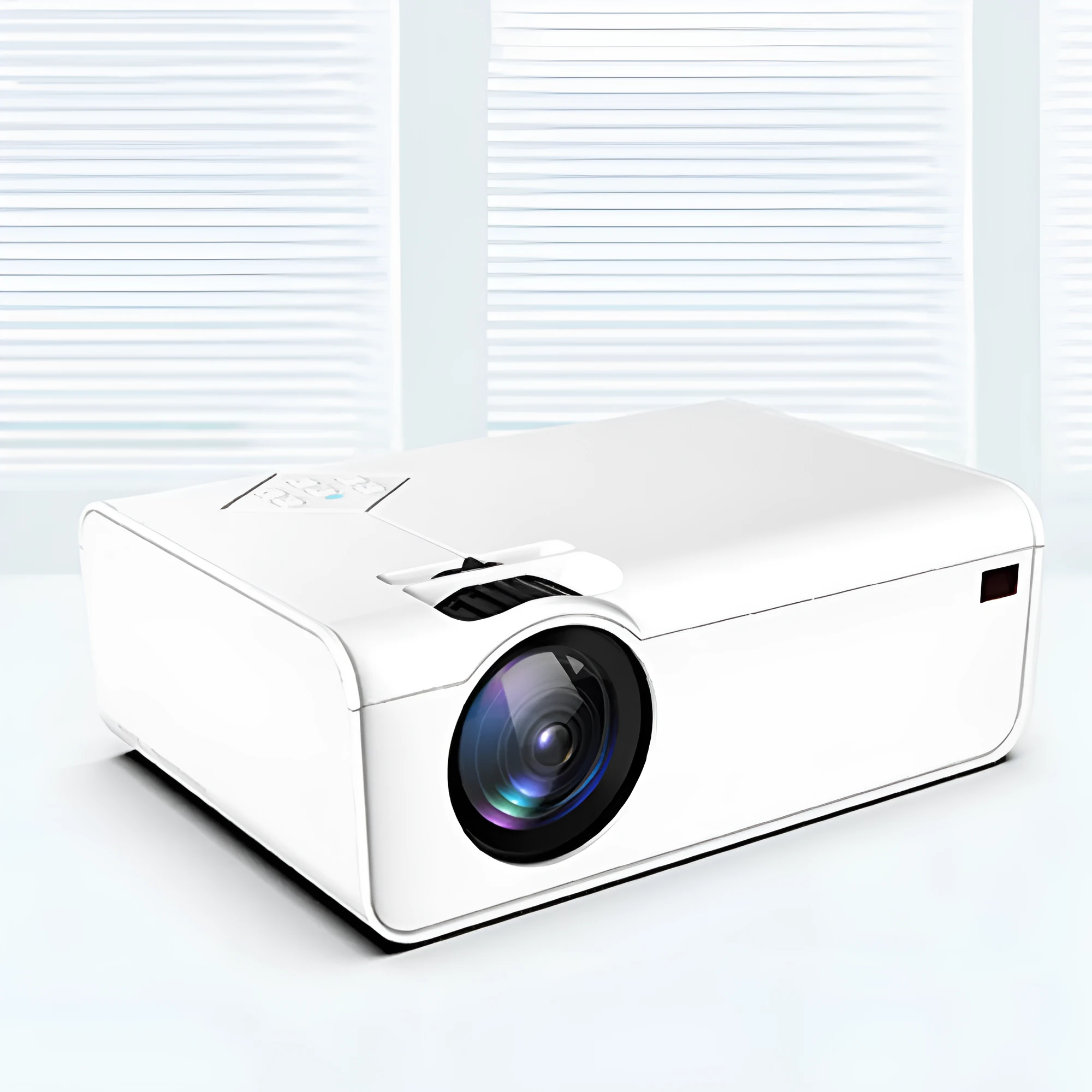 Pearl white Android smart HD micro projector on desk with projected screen 220-124cm