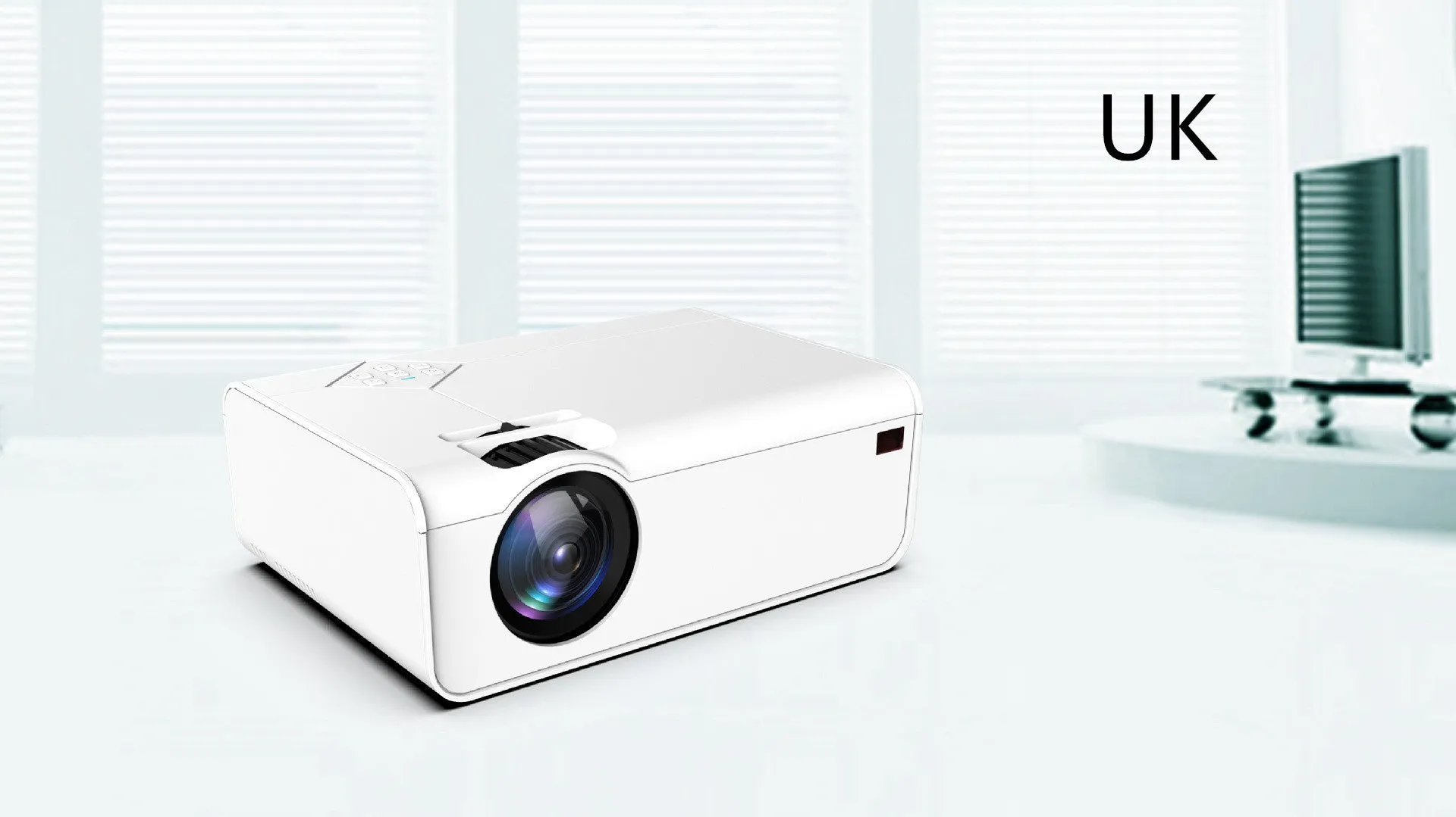 Pearl white Android smart HD micro projector on desk with projected screen 220-124cm