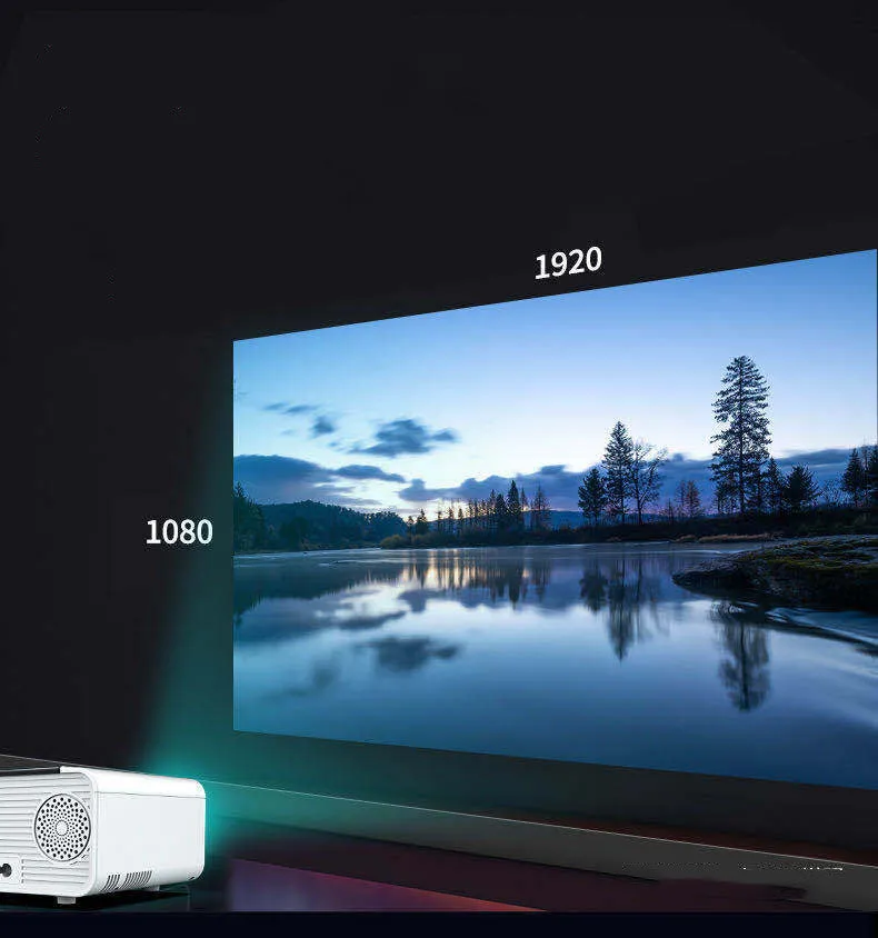 Pearl white Android smart HD micro projector on desk with projected screen 220-124cm