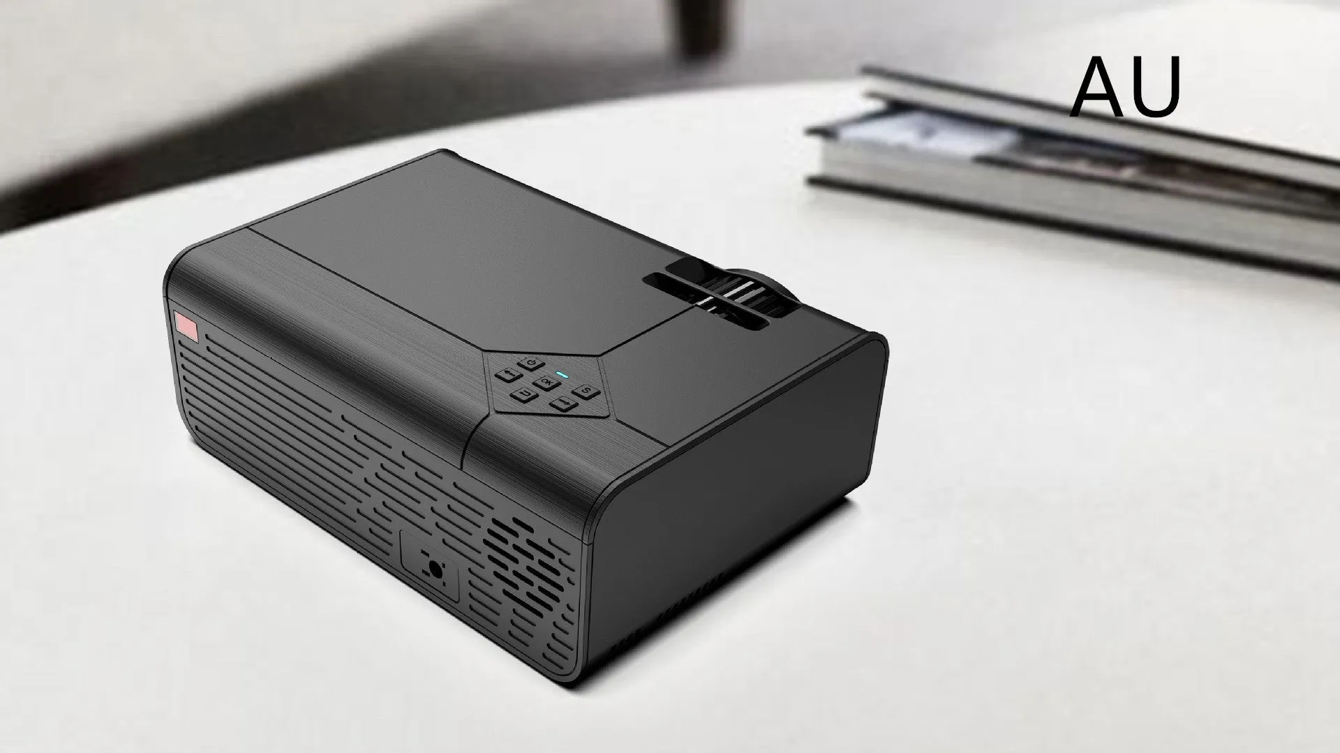 Pearl white Android smart HD micro projector on desk with projected screen 220-124cm