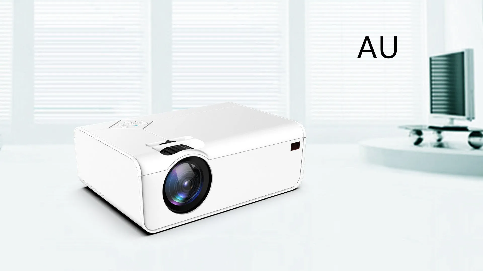 Pearl white Android smart HD micro projector on desk with projected screen 220-124cm