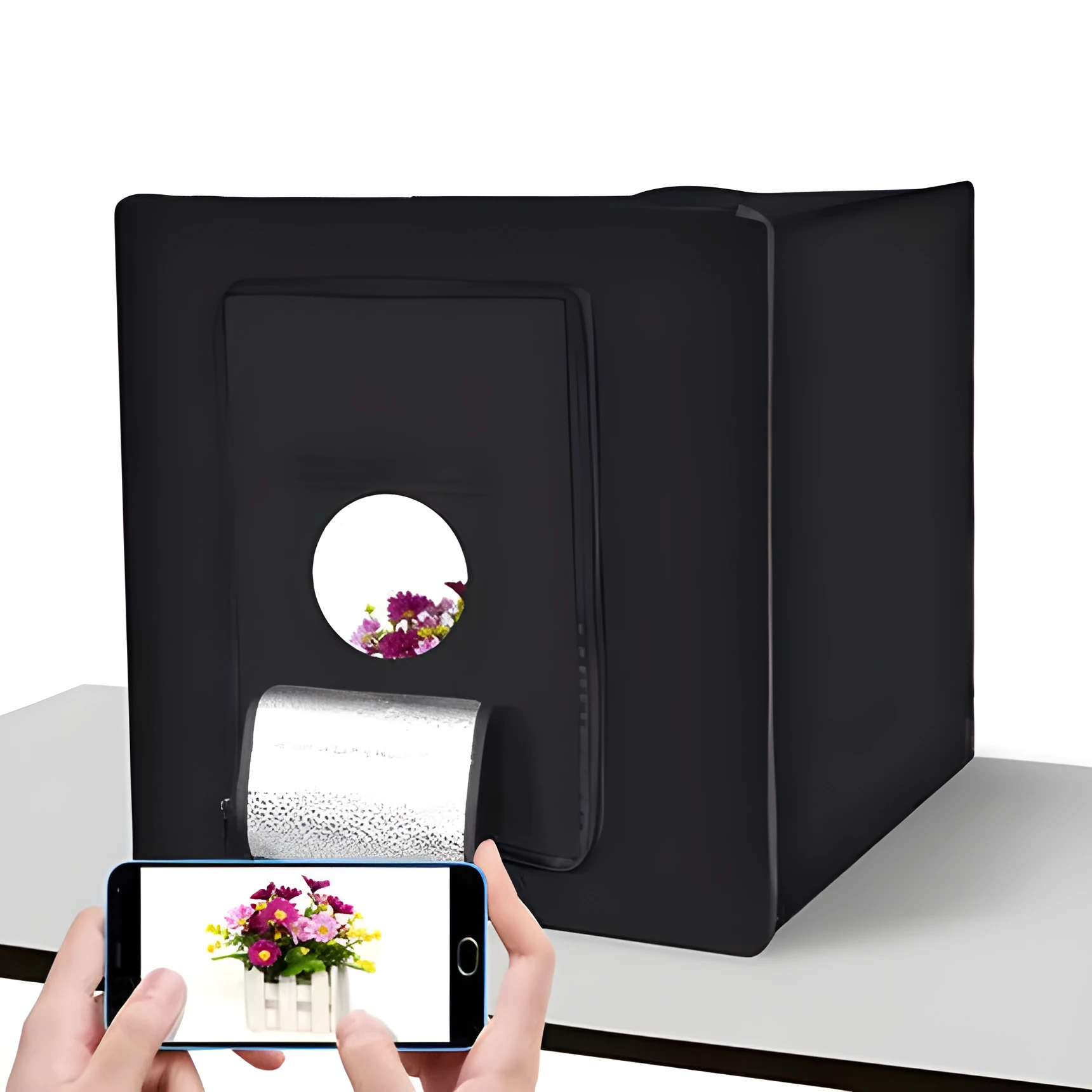 60cm LED photo studio box kit in black with foldable tent, built-in light panel, and backdrop for product photography