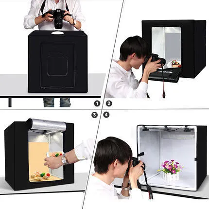 60cm LED photo studio box kit in black with foldable tent, built-in light panel, and backdrop for product photography