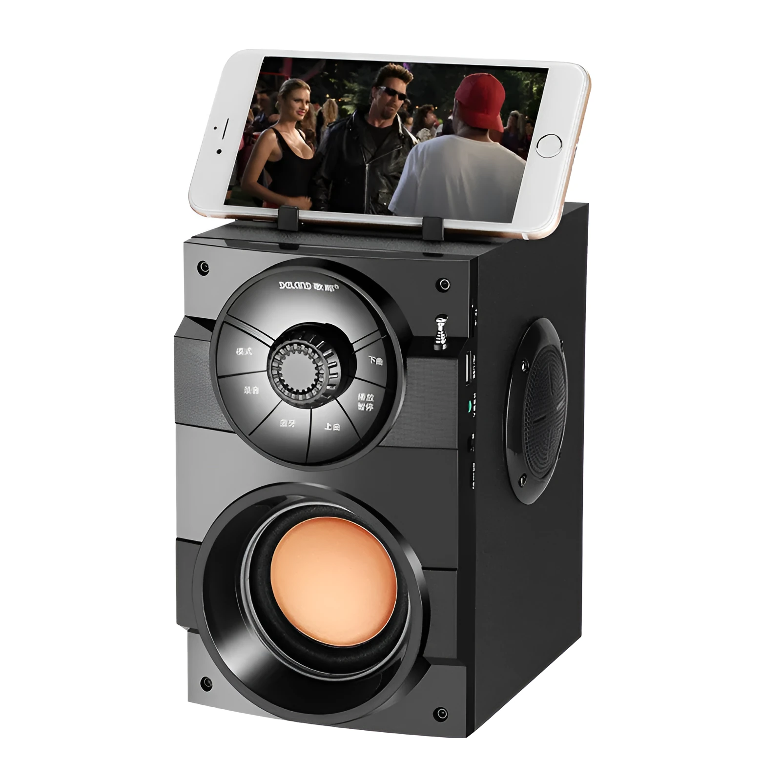 Black portable mini audio system with subwoofer and 3.5mm audio cable.