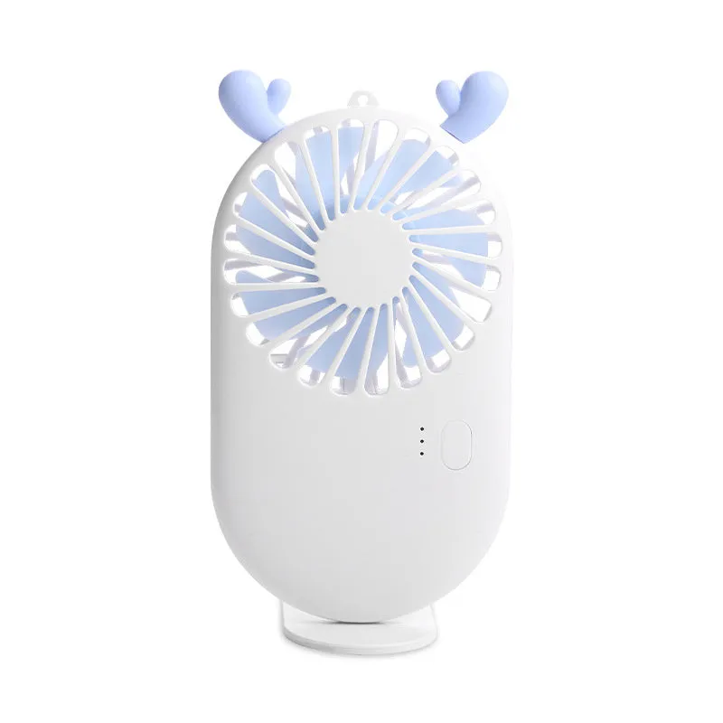 Blue portable USB rechargeable mini fan with three speed modes on a desk, plastic blade and piano switch visible
