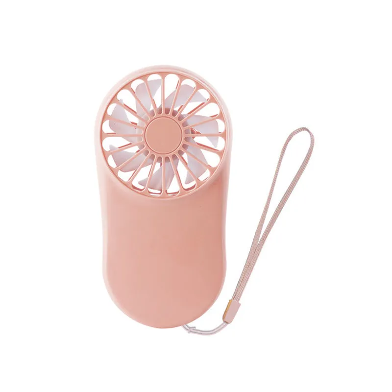 Blue portable USB rechargeable mini fan with three speed modes on a desk, plastic blade and piano switch visible