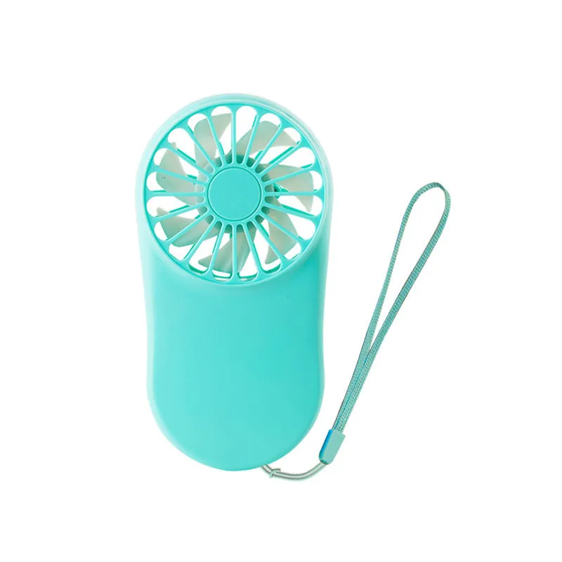 Blue portable USB rechargeable mini fan with three speed modes on a desk, plastic blade and piano switch visible