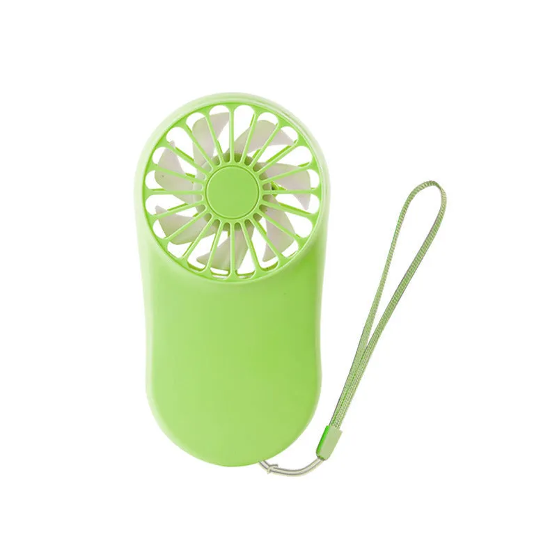 Blue portable USB rechargeable mini fan with three speed modes on a desk, plastic blade and piano switch visible