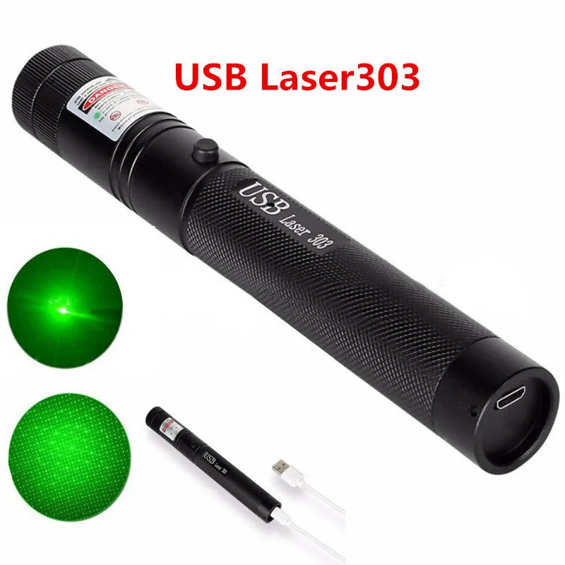 USB rechargeable laser torch in black anodised aluminium, showing touch switch and focusing ring