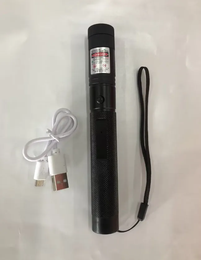 USB rechargeable laser torch in black anodised aluminium, showing touch switch and focusing ring