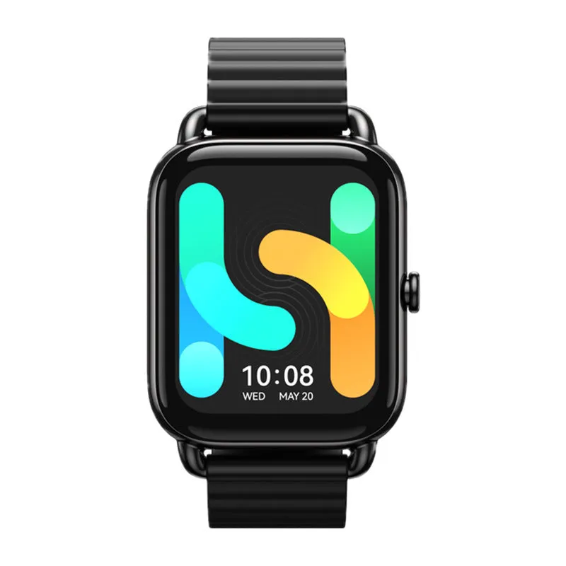 HAYLOU RS4 Plus black smartwatch with AMOLED display showing fitness stats on a wrist.