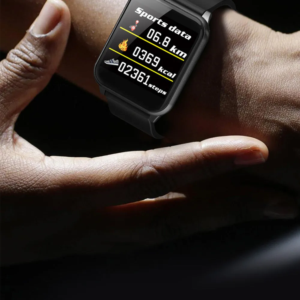 Waterproof Bluetooth smart sports watch with metal body and black TPU wristband on wrist