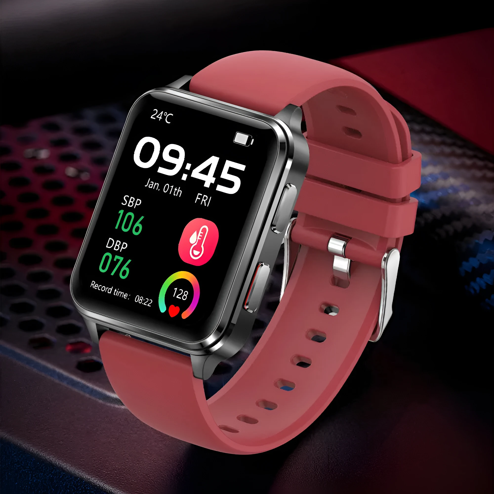 Multi-sport watch with tempered glass touchscreen showing health metrics on display