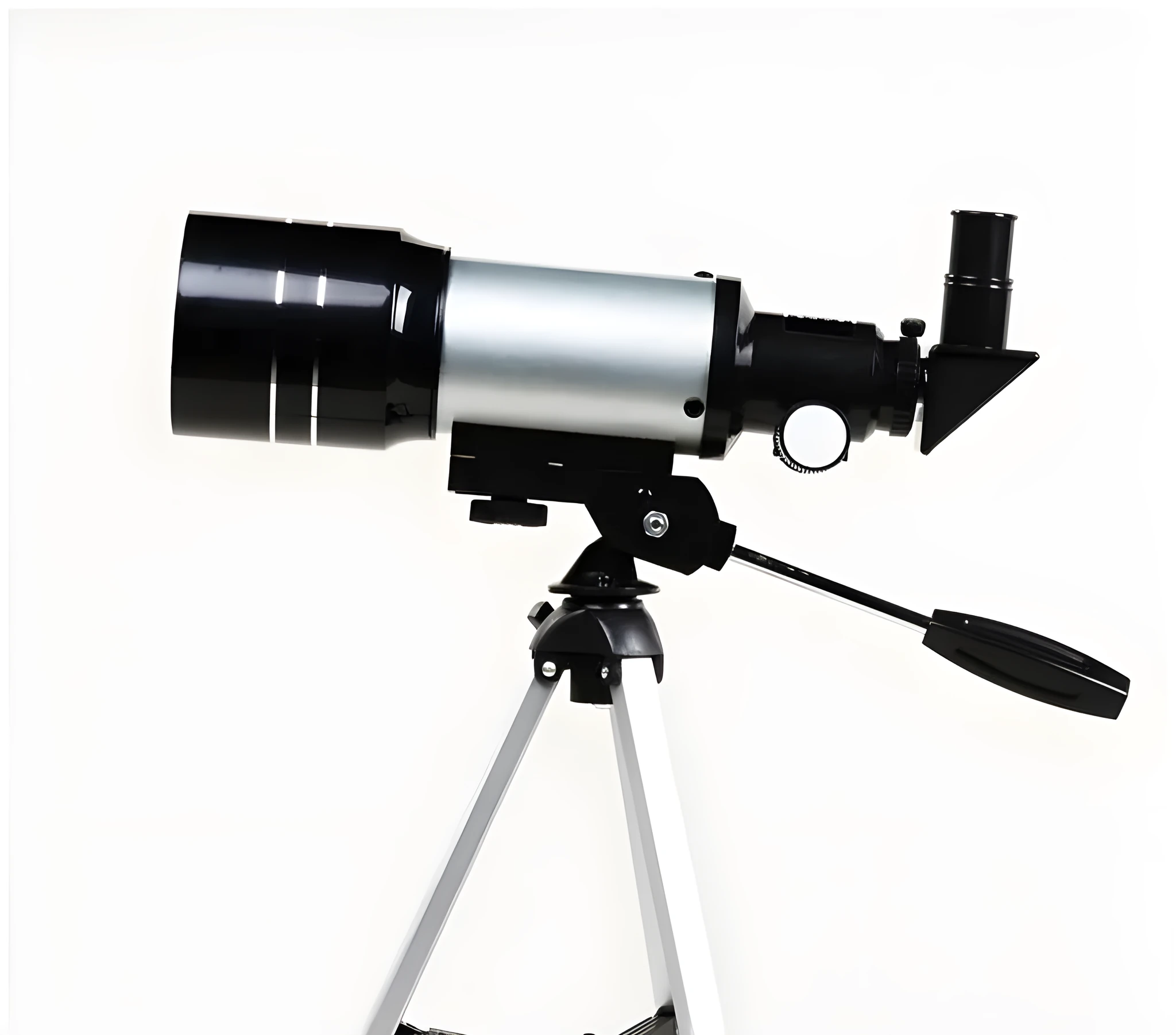 Silver F30070M telescope with 70mm aperture on its 38cm tripod, two eyepieces and moon mirror included