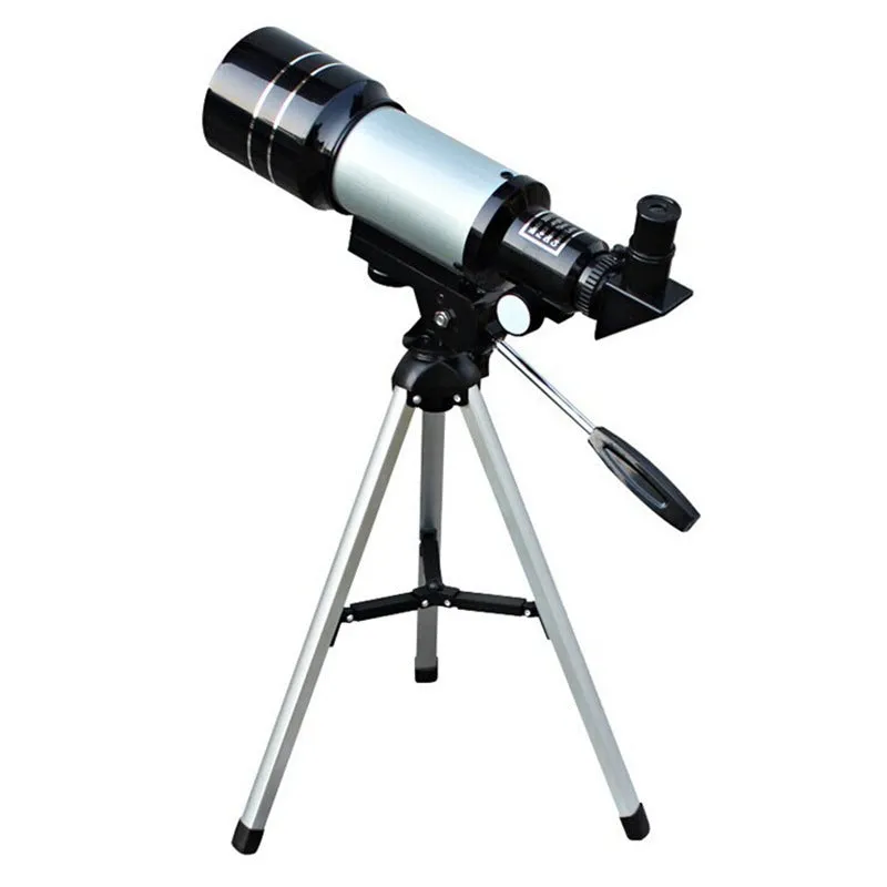Silver F30070M telescope with 70mm aperture on its 38cm tripod, two eyepieces and moon mirror included