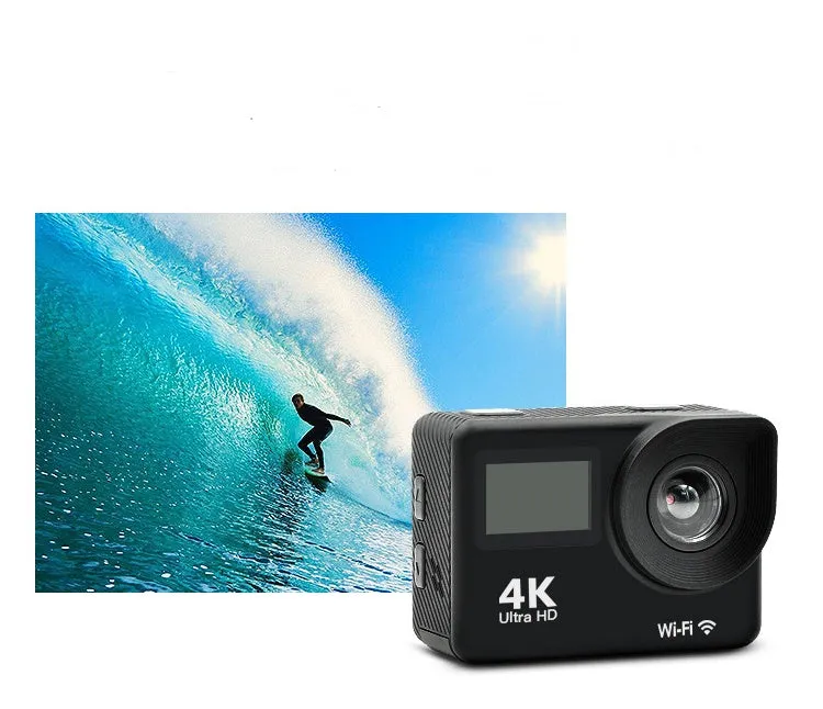 4K HD dual screen WiFi sports camera with remote control, waterproof to 30 metres, black and silver models