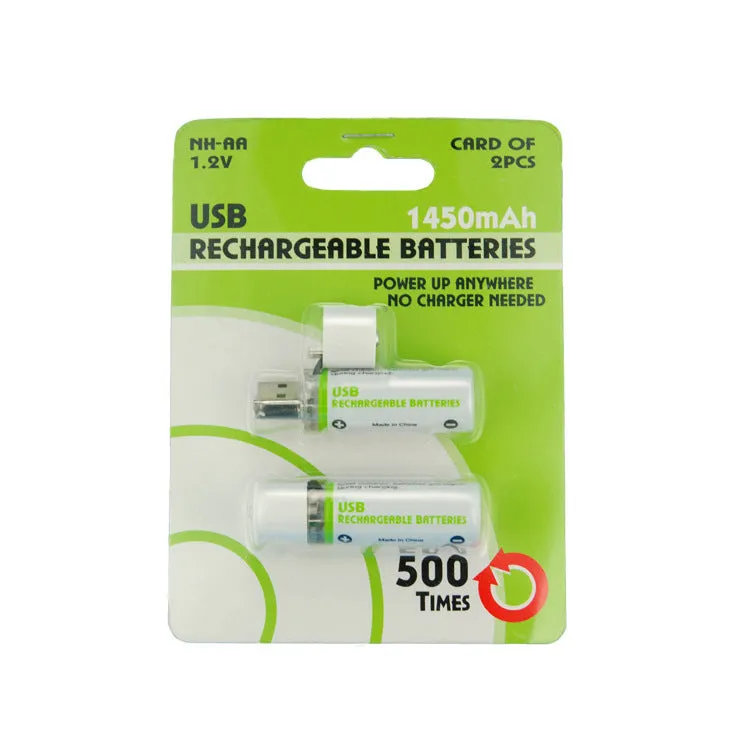 USB AA NiMH rechargeable battery with white and green cover options for 1.5V 1450mAh rated capacity