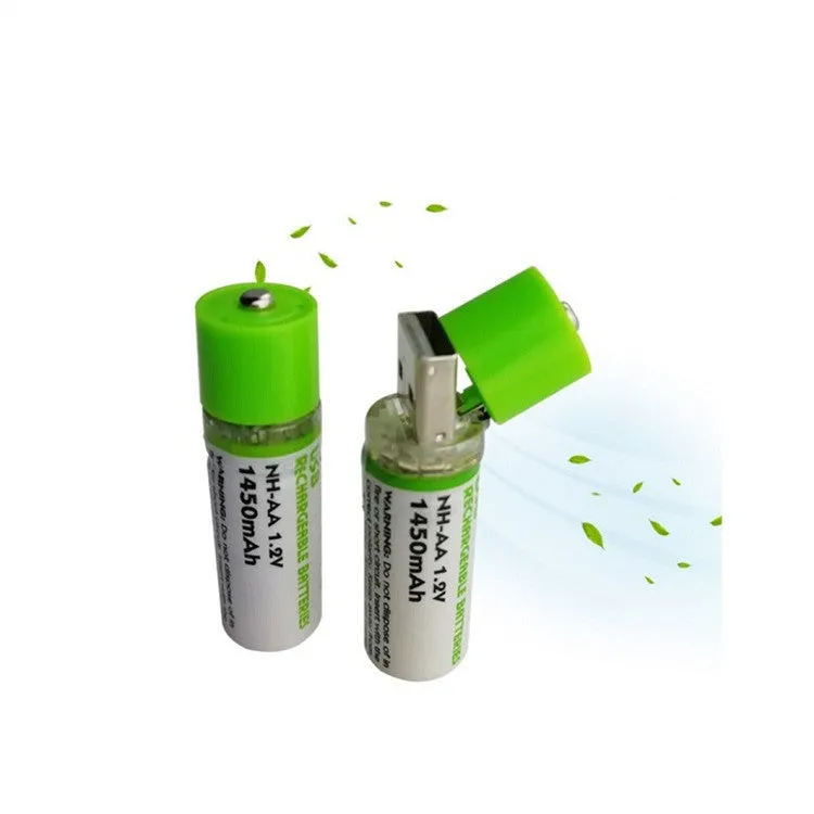 USB AA NiMH rechargeable battery with white and green cover options for 1.5V 1450mAh rated capacity