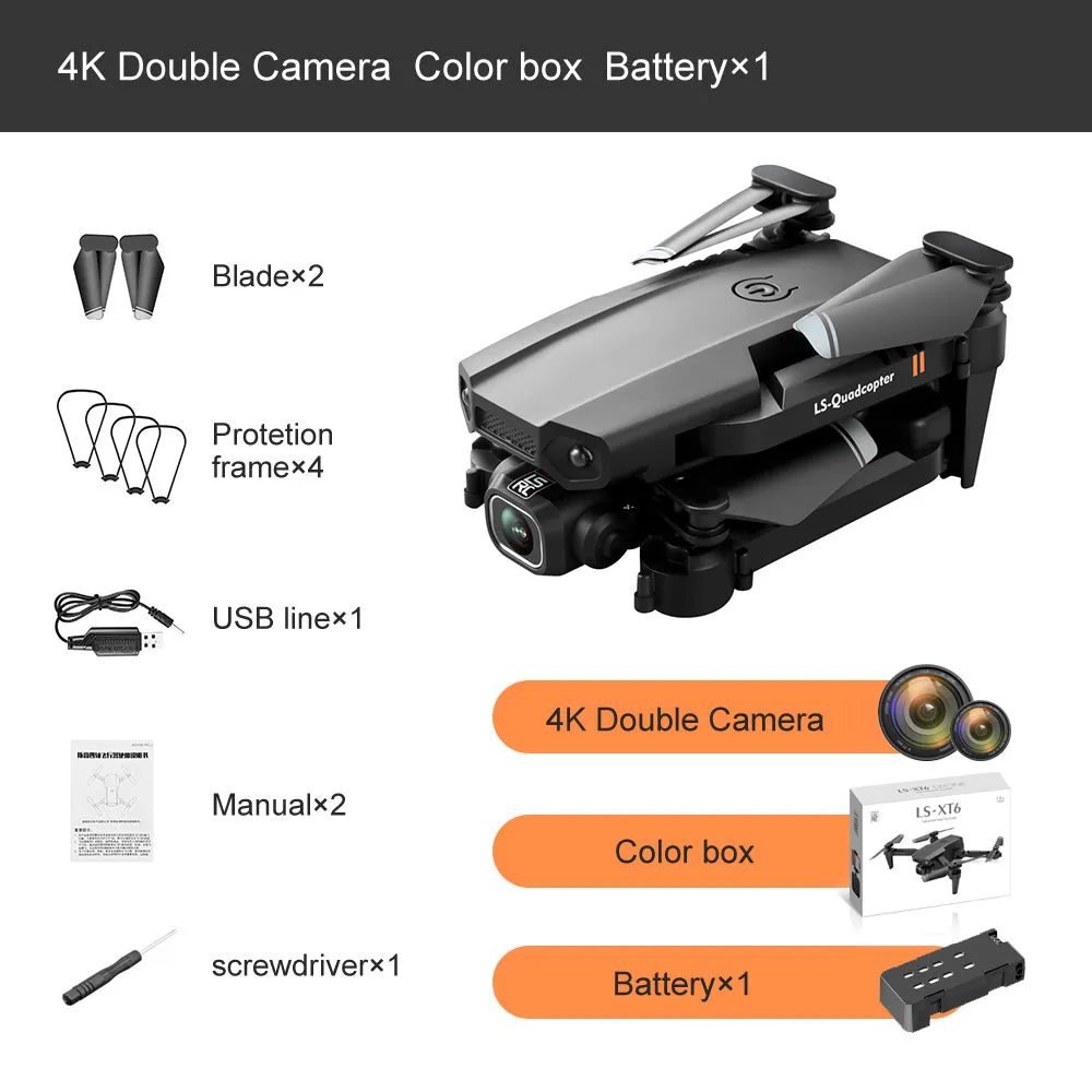 Mini quadcopter drone with dual 4K and 1080P lens cameras, 18x15x4cm, on a white background