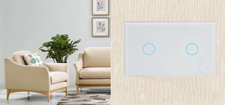 White 2-gang tempered glass touch light switch panel with LED indicators for wall mounting.
