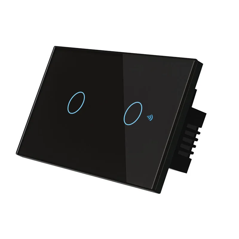 White 2-gang tempered glass touch light switch panel with LED indicators for wall mounting.