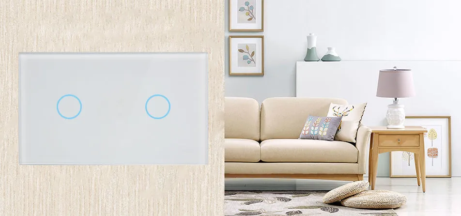 White 2-gang tempered glass touch light switch panel with LED indicators for wall mounting.