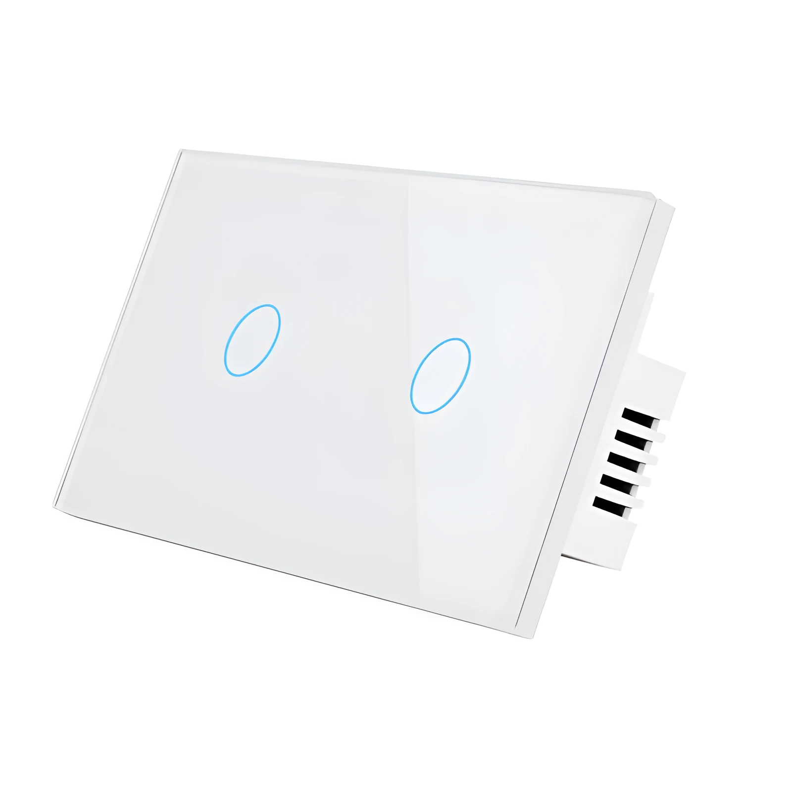 White 2-gang tempered glass touch light switch panel with LED indicators for wall mounting.