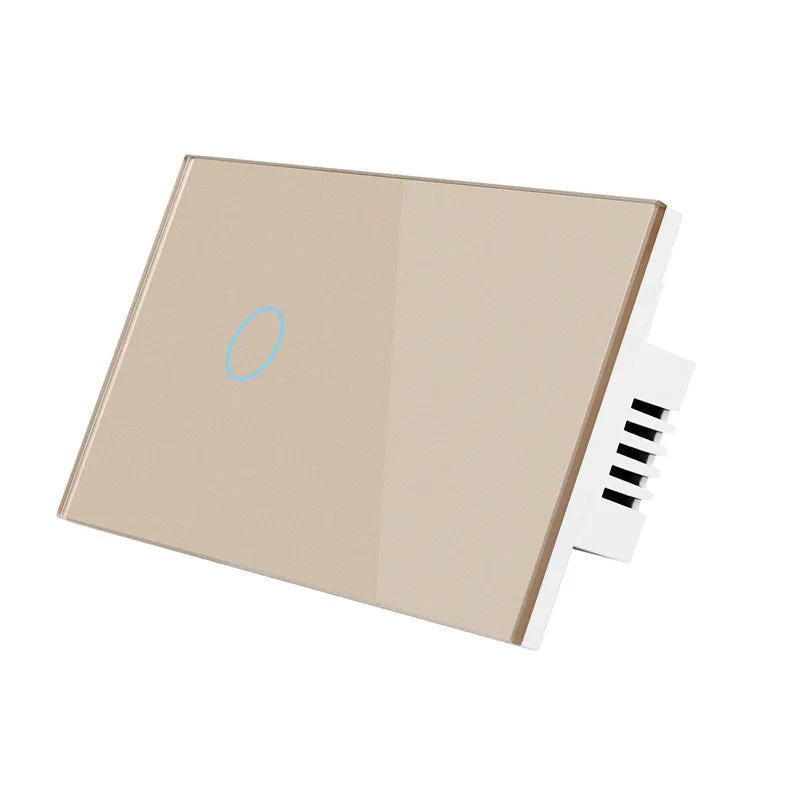 White 2-gang tempered glass touch light switch panel with LED indicators for wall mounting.