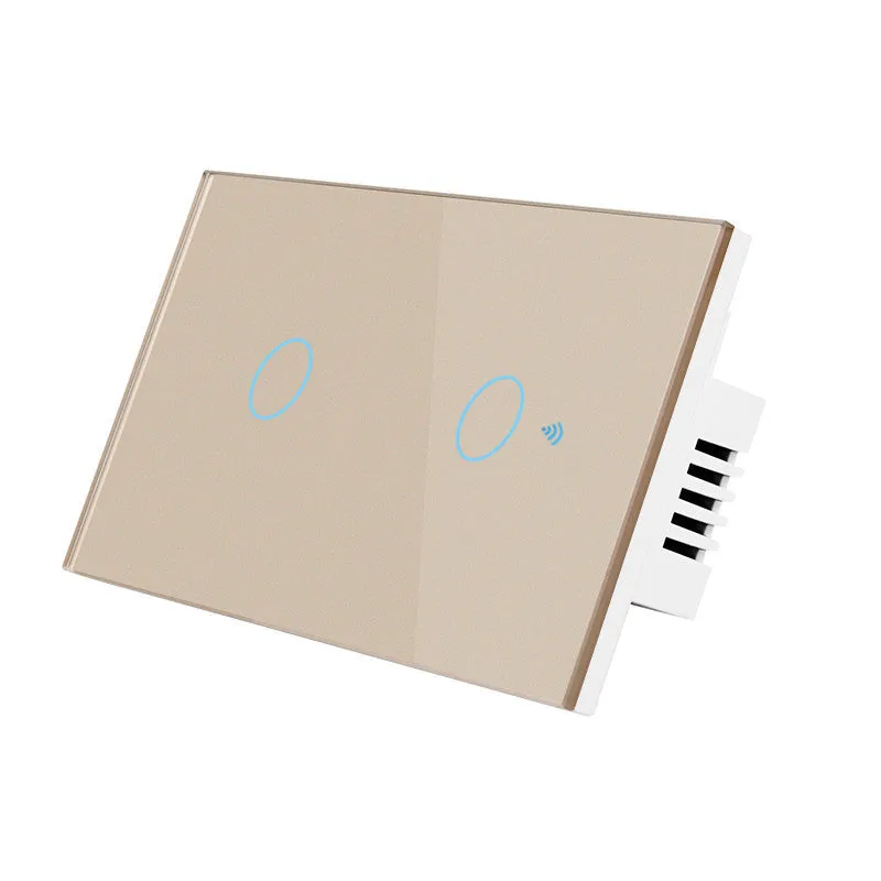 White 2-gang tempered glass touch light switch panel with LED indicators for wall mounting.
