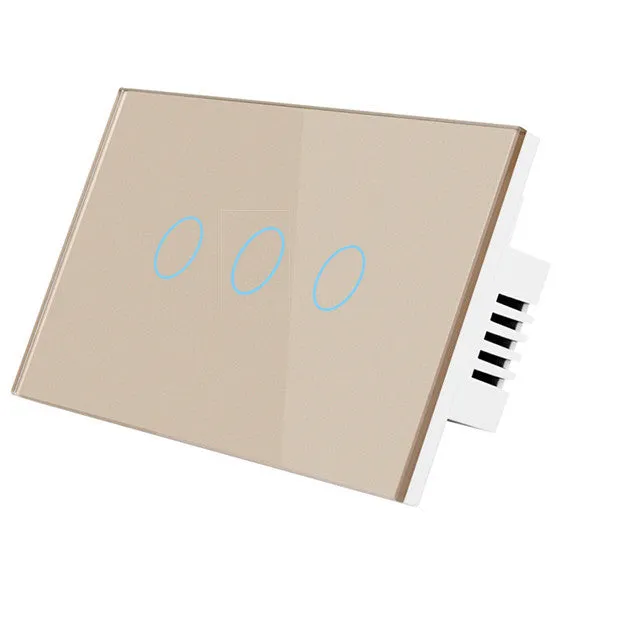 White 2-gang tempered glass touch light switch panel with LED indicators for wall mounting.