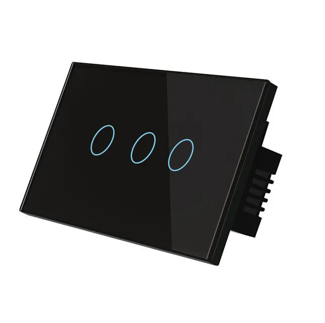 White 2-gang tempered glass touch light switch panel with LED indicators for wall mounting.