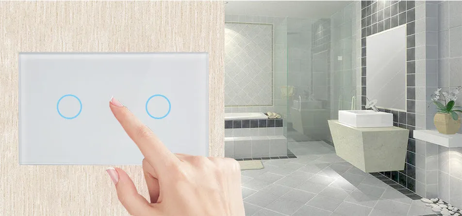 White 2-gang tempered glass touch light switch panel with LED indicators for wall mounting.