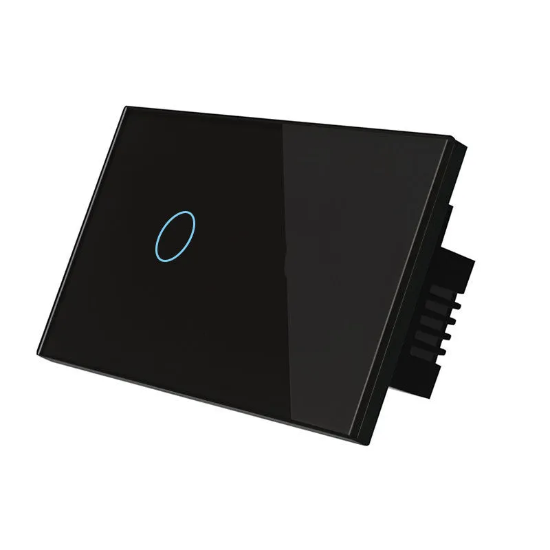White 2-gang tempered glass touch light switch panel with LED indicators for wall mounting.