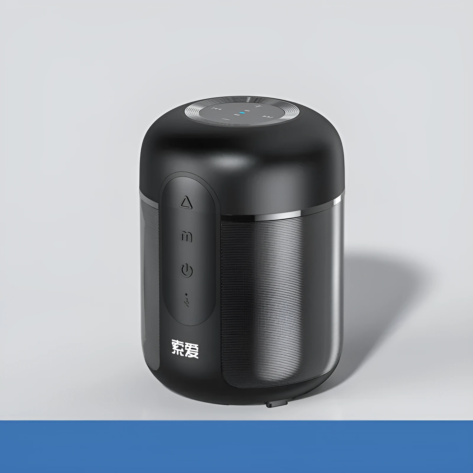 Black portable Bluetooth speaker showing front grill and controls, with scale indicating compact 72mm by 99mm size