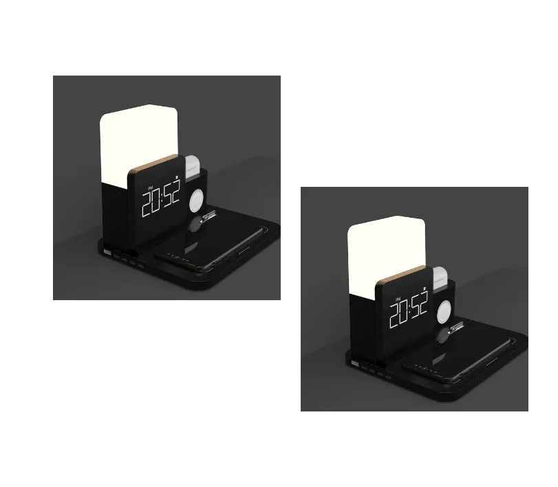 Digital LED alarm clock with night light and magnetic wireless charger in black casing