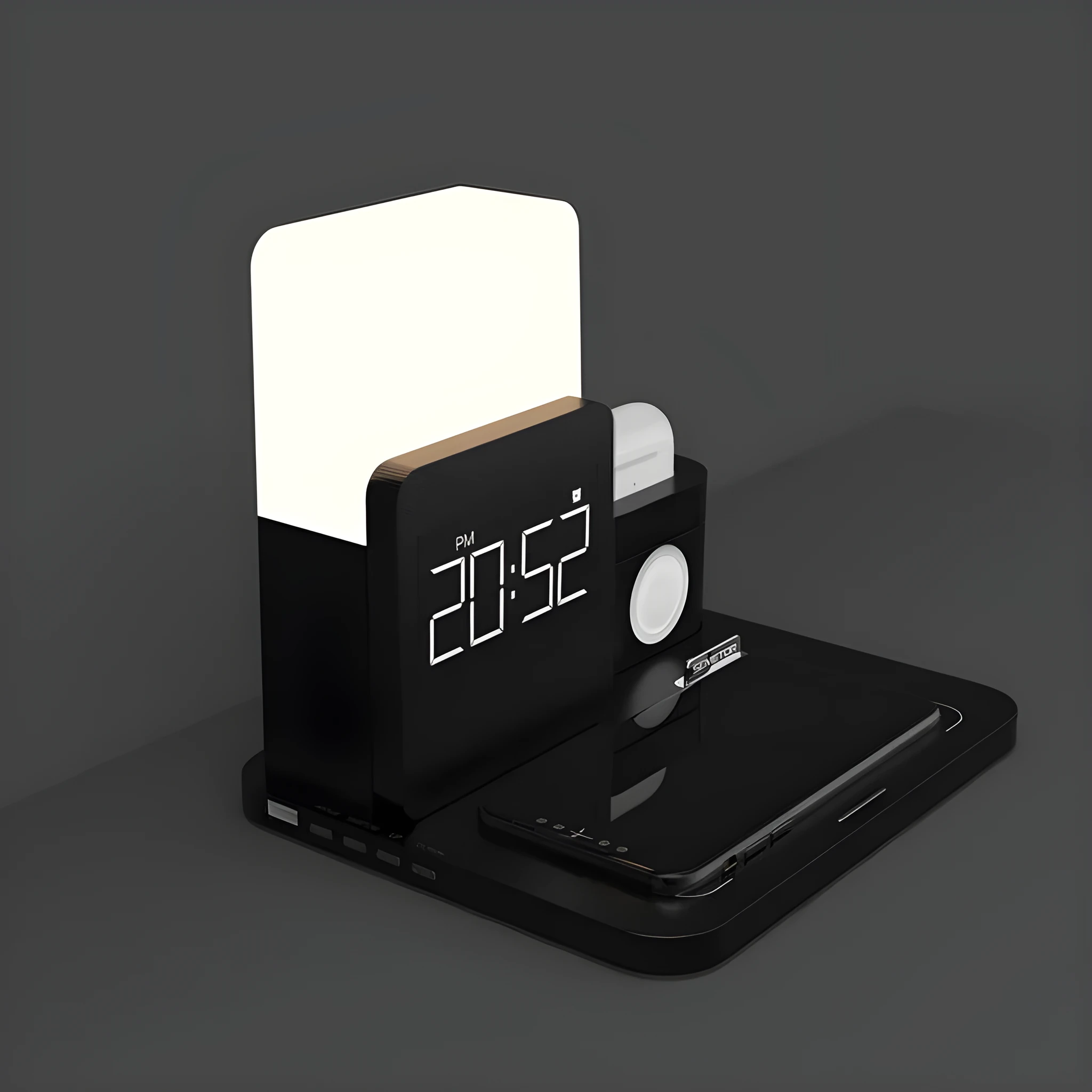 Digital LED alarm clock with night light and magnetic wireless charger in black casing