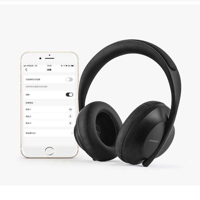Wireless noise reduction bluetooth headset in Black with cushioned ear pads and adjustable headband