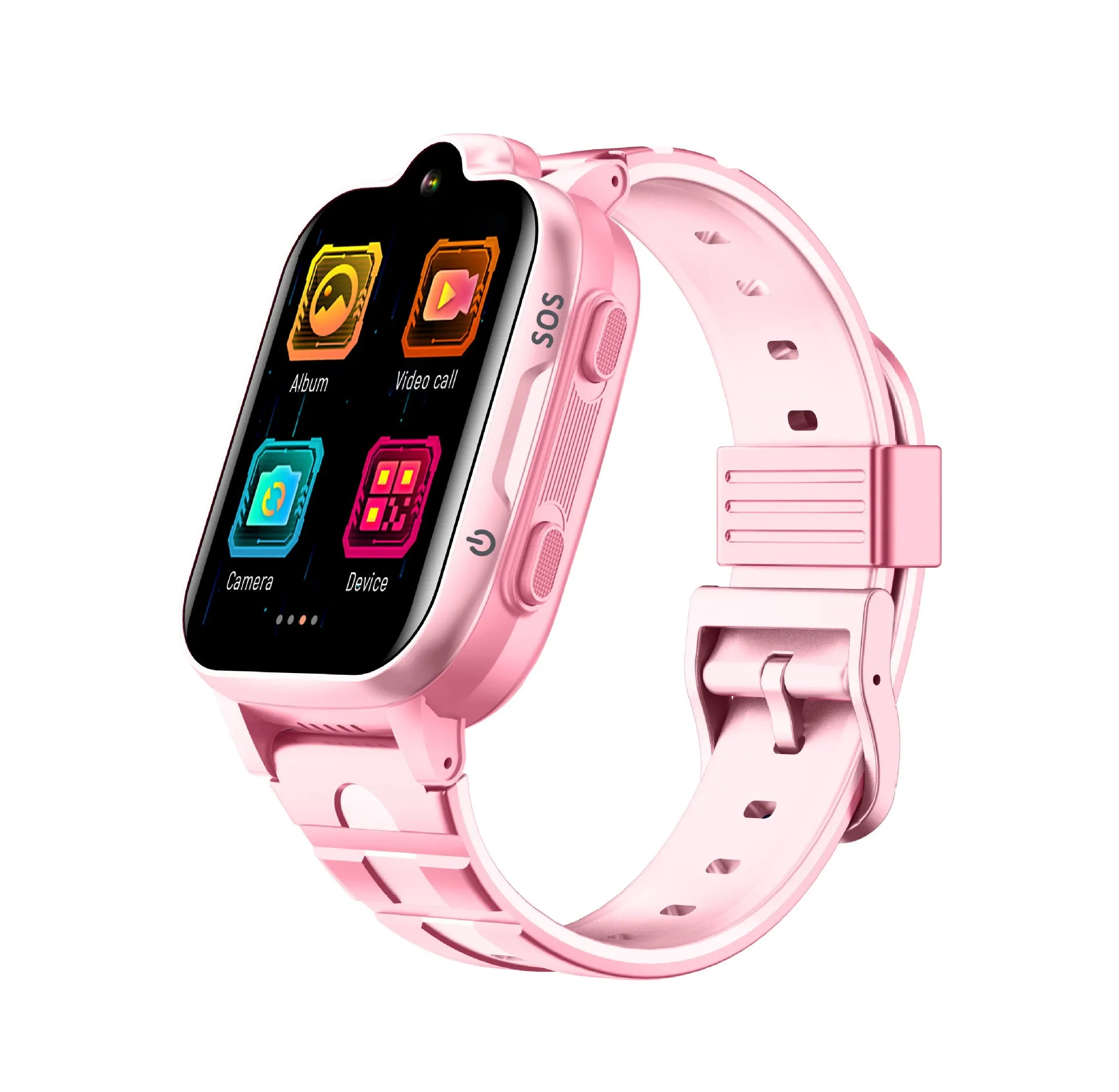 Children's 4G GPS locator video call watch with 1.66-inch touch screen, silicone strap, available in pink, blue, and black