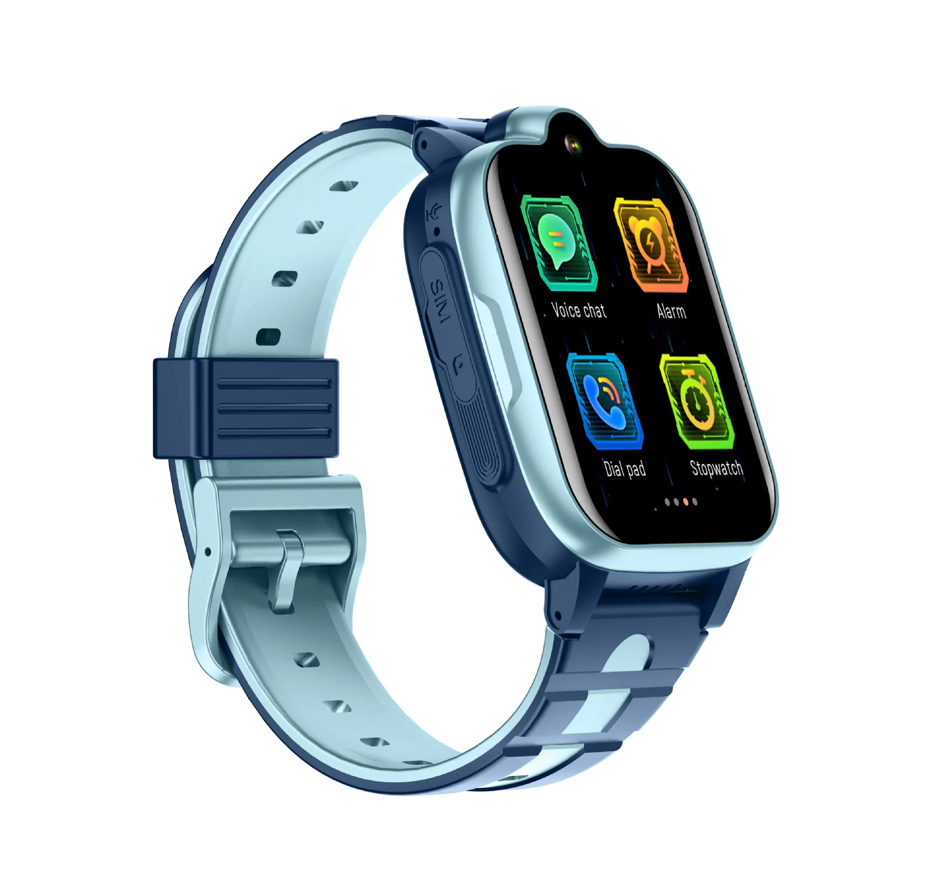 Children's 4G GPS locator video call watch with 1.66-inch touch screen, silicone strap, available in pink, blue, and black