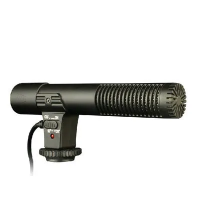 Black MIC-01 back-pole condenser microphone with universal hot shoe mount and 3.5mm jack on a dark background