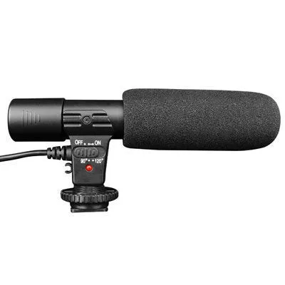 Black MIC-01 back-pole condenser microphone with universal hot shoe mount and 3.5mm jack on a dark background