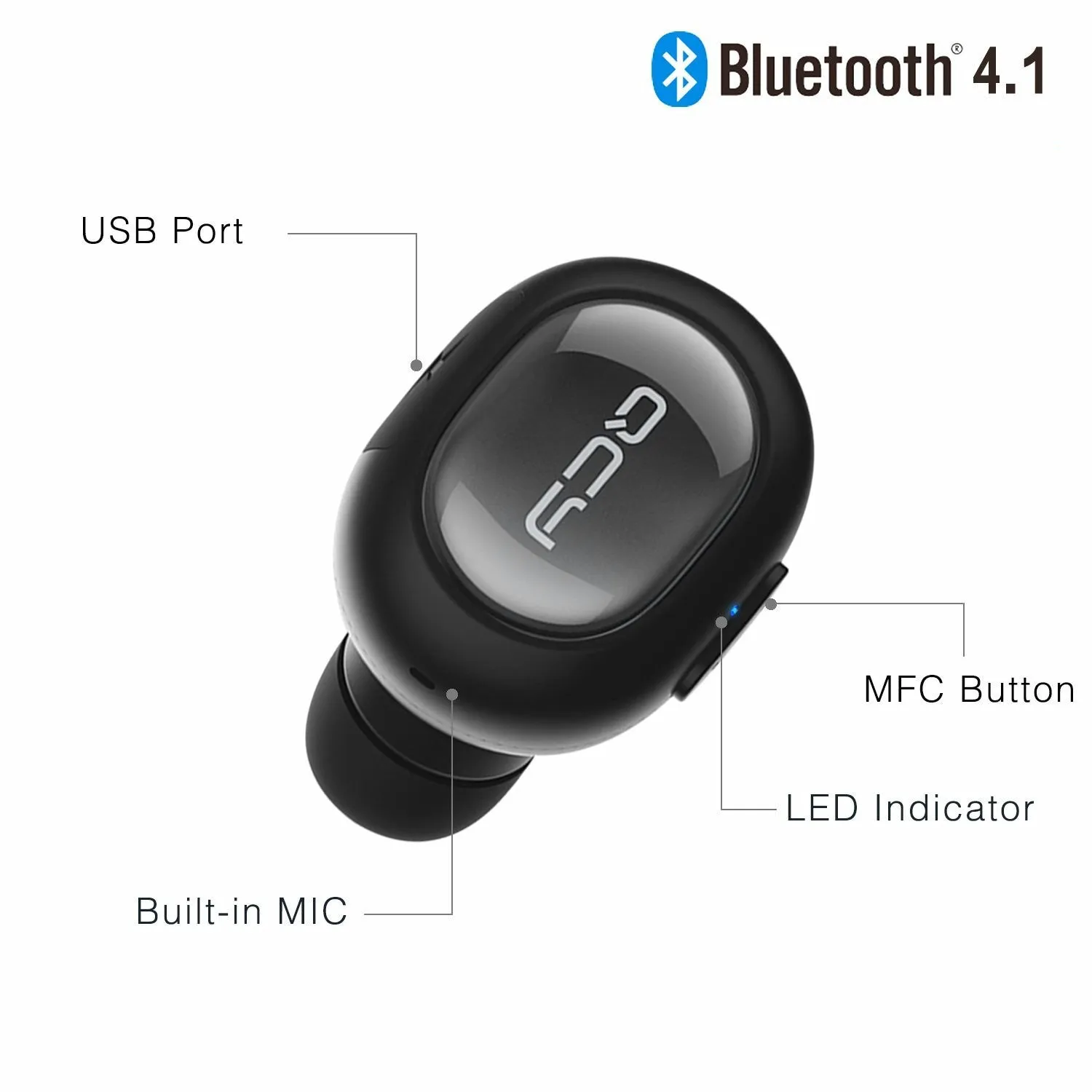 QCY Q26 Bluetooth headset in black, single-ear in-ear design with USB charging cable