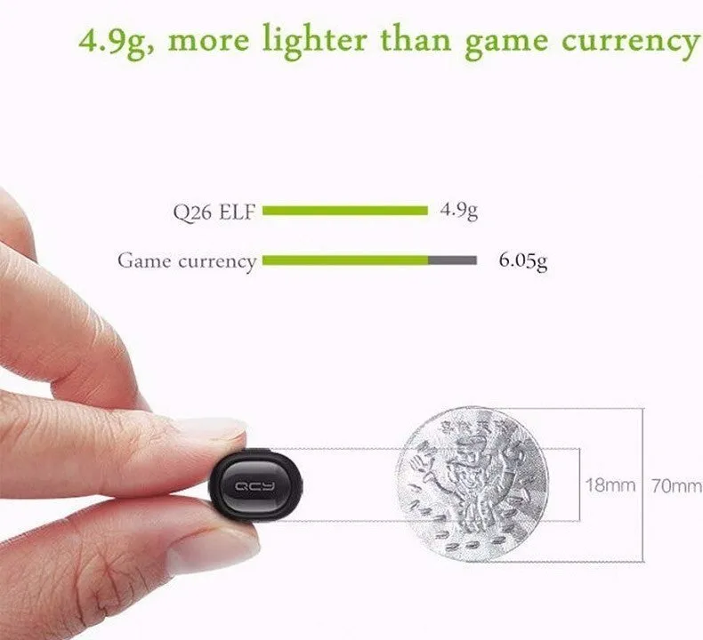 QCY Q26 Bluetooth headset in black, single-ear in-ear design with USB charging cable