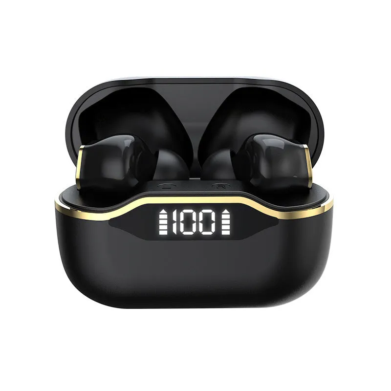 T28 TWS earphones with LED display and IPX5 waterproof rating in black, shown with charging case