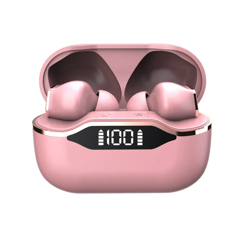 T28 TWS earphones with LED display and IPX5 waterproof rating in black, shown with charging case