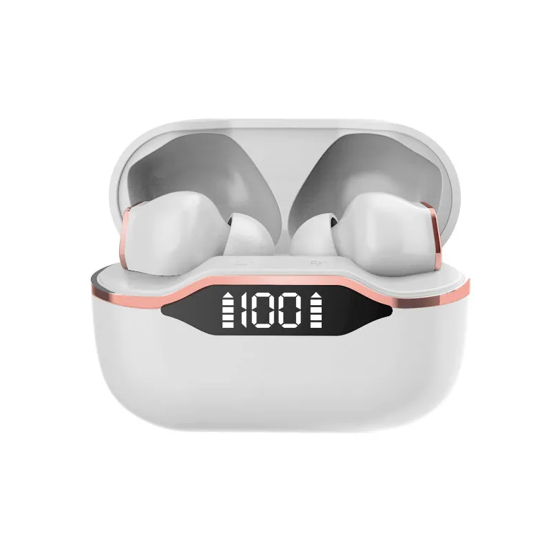T28 TWS earphones with LED display and IPX5 waterproof rating in black, shown with charging case