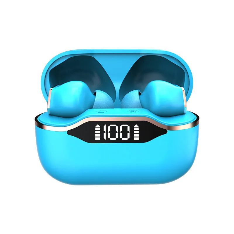 T28 TWS earphones with LED display and IPX5 waterproof rating in black, shown with charging case