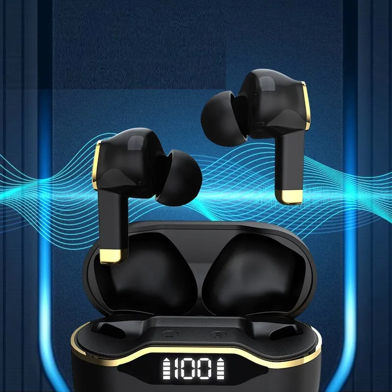 T28 TWS earphones with LED display and IPX5 waterproof rating in black, shown with charging case