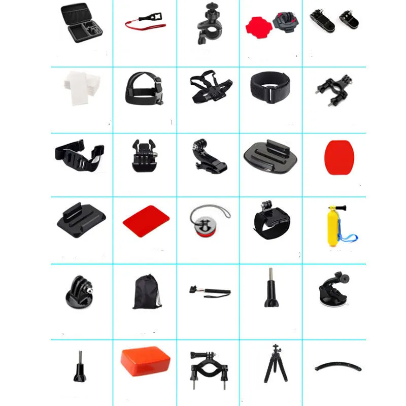 Black sports camera accessories set with mounts, straps, tripods, and 144 anti-fog films on display