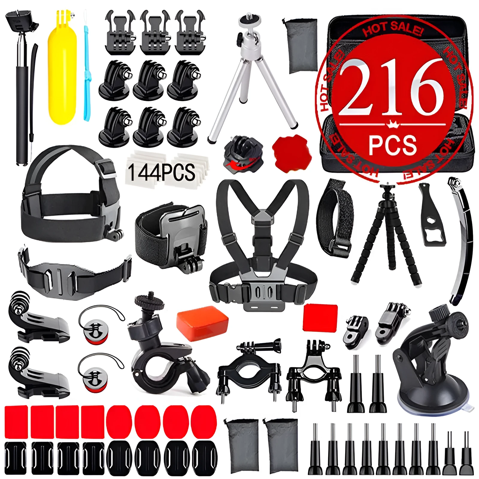 Black sports camera accessories set with mounts, straps, tripods, and 144 anti-fog films on display